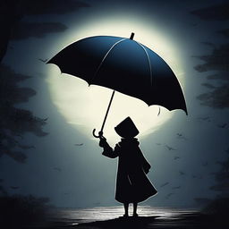 A digital art showcasing a mysterious character, shrouded in darkness, stealthily stealing a vibrant umbrella under a moonlit night