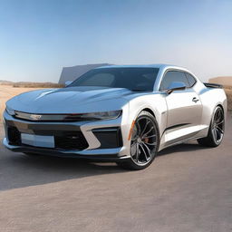 Generate a 3D image of a Chevrolet Camaro beside a Yamaha MY15 motorcycle.