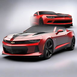 Generate a 3D image of a Chevrolet Camaro beside a Yamaha MY15 motorcycle.