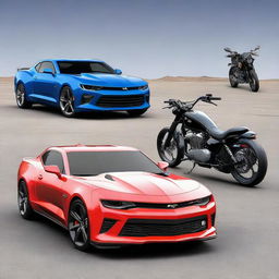 Generate a 3D image of a Chevrolet Camaro beside a Yamaha MY15 motorcycle.