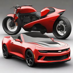 Generate a 3D image of a Chevrolet Camaro beside a Yamaha MY15 motorcycle.