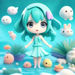 A 3D anime-style character, bathed in shades of aquamarine, exuding cuteness. The character is surrounded by sea-like textures and aquatic motifs.