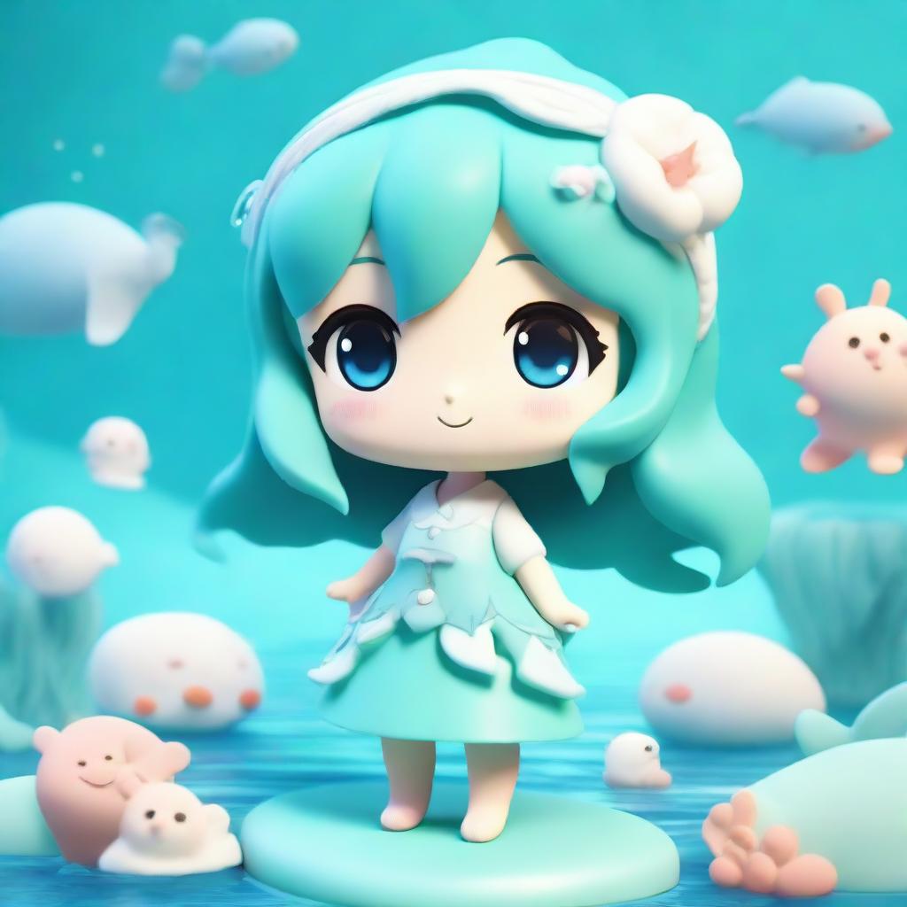 A 3D anime-style character, bathed in shades of aquamarine, exuding cuteness. The character is surrounded by sea-like textures and aquatic motifs.