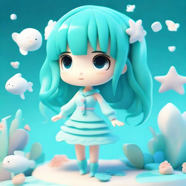 A 3D anime-style character, bathed in shades of aquamarine, exuding cuteness. The character is surrounded by sea-like textures and aquatic motifs.