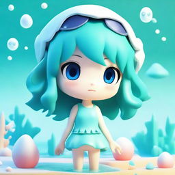 A 3D anime-style character, bathed in shades of aquamarine, exuding cuteness. The character is surrounded by sea-like textures and aquatic motifs.