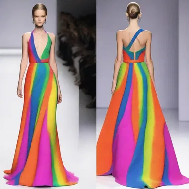 The designer decided to blunt the bright colors of the dress to make it more elegant and suitable for a formal fashion show.