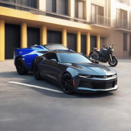 A 3D render of a Chevrolet Camaro alongside a Yamaha MT15 motorcycle.