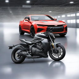 A 3D render of a Chevrolet Camaro alongside a Yamaha MT15 motorcycle.