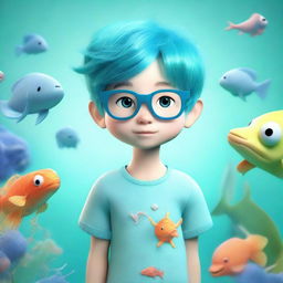 A 3D render of an endearing young boy with glasses, featuring vibrant aquamarine hair and set against a background with aquatic motifs.