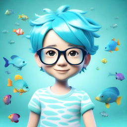 A 3D render of an endearing young boy with glasses, featuring vibrant aquamarine hair and set against a background with aquatic motifs.