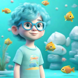 A 3D render of an endearing young boy with glasses, featuring vibrant aquamarine hair and set against a background with aquatic motifs.