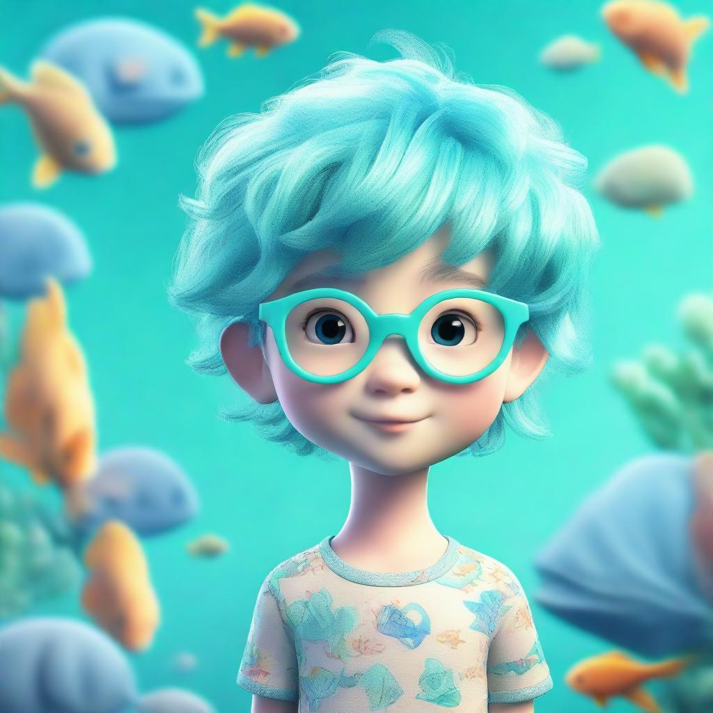 A 3D render of an endearing young boy with glasses, featuring vibrant aquamarine hair and set against a background with aquatic motifs.