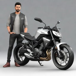 3D model of Yamaha MT15 motorcycle, with a realistic representation of Darshan Raval standing next to it.