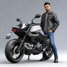 3D model of Yamaha MT15 motorcycle, with a realistic representation of Darshan Raval standing next to it.