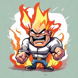 Cartoon-style character with a gaming theme, expressing anger. His head is literally ablaze, emphasizing his hot-headed temperament.