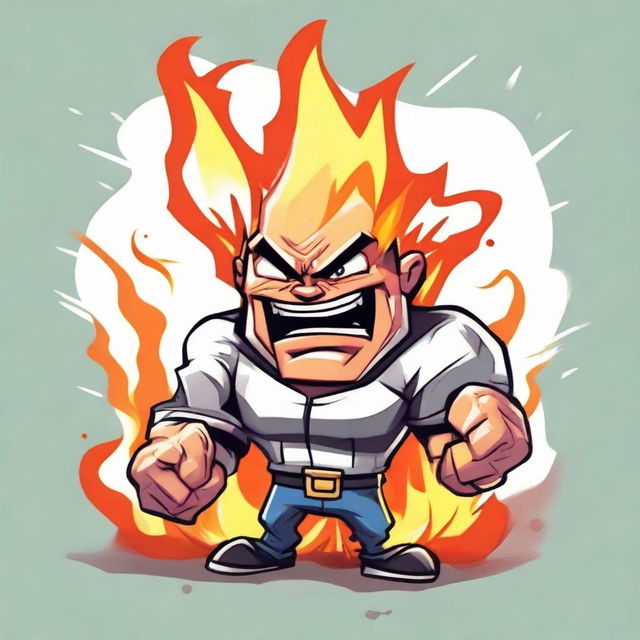 Cartoon-style character with a gaming theme, expressing anger. His head is literally ablaze, emphasizing his hot-headed temperament.