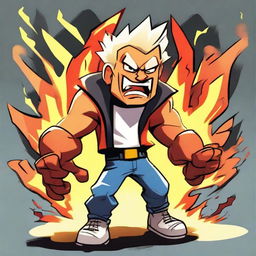 Cartoon-style character with a gaming theme, expressing anger. His head is literally ablaze, emphasizing his hot-headed temperament.