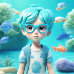 A three-dimensional image of an adorable boy with aquamarine hair, wearing fashionable glasses, and standing against an aquatic-themed background.