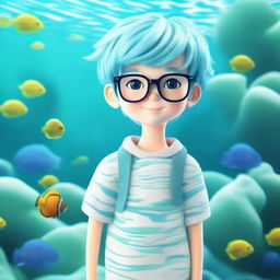 A three-dimensional image of an adorable boy with aquamarine hair, wearing fashionable glasses, and standing against an aquatic-themed background.