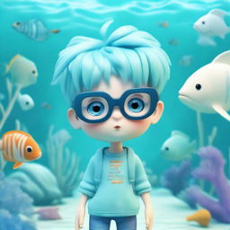 A three-dimensional image of an adorable boy with aquamarine hair, wearing fashionable glasses, and standing against an aquatic-themed background.