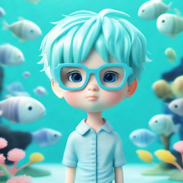 A three-dimensional image of an adorable boy with aquamarine hair, wearing fashionable glasses, and standing against an aquatic-themed background.