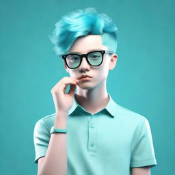 A 3D rendering of a stylish boy with striking aquamarine hair, wearing sleek glasses, positioned in a complementary backdrop.