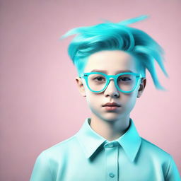 A 3D rendering of a stylish boy with striking aquamarine hair, wearing sleek glasses, positioned in a complementary backdrop.