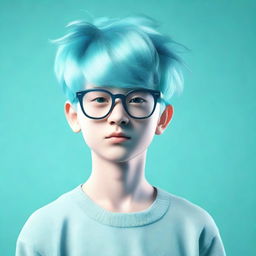 A 3D rendering of a stylish boy with striking aquamarine hair, wearing sleek glasses, positioned in a complementary backdrop.