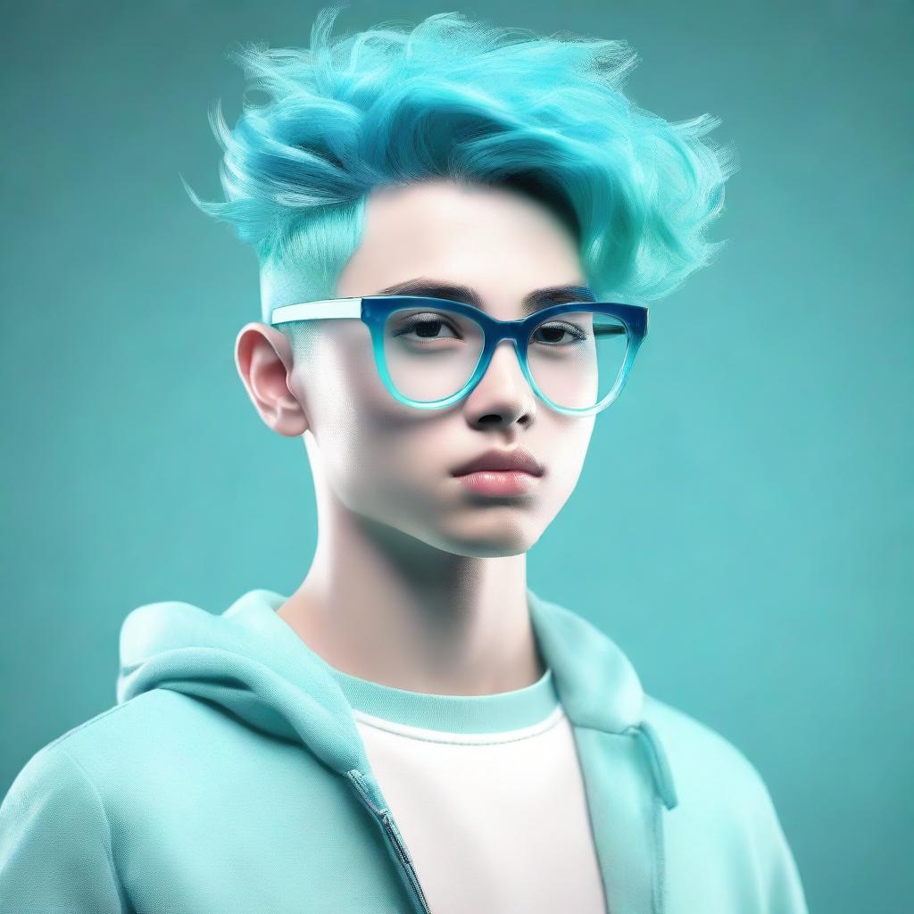 A 3D rendering of a stylish boy with striking aquamarine hair, wearing sleek glasses, positioned in a complementary backdrop.