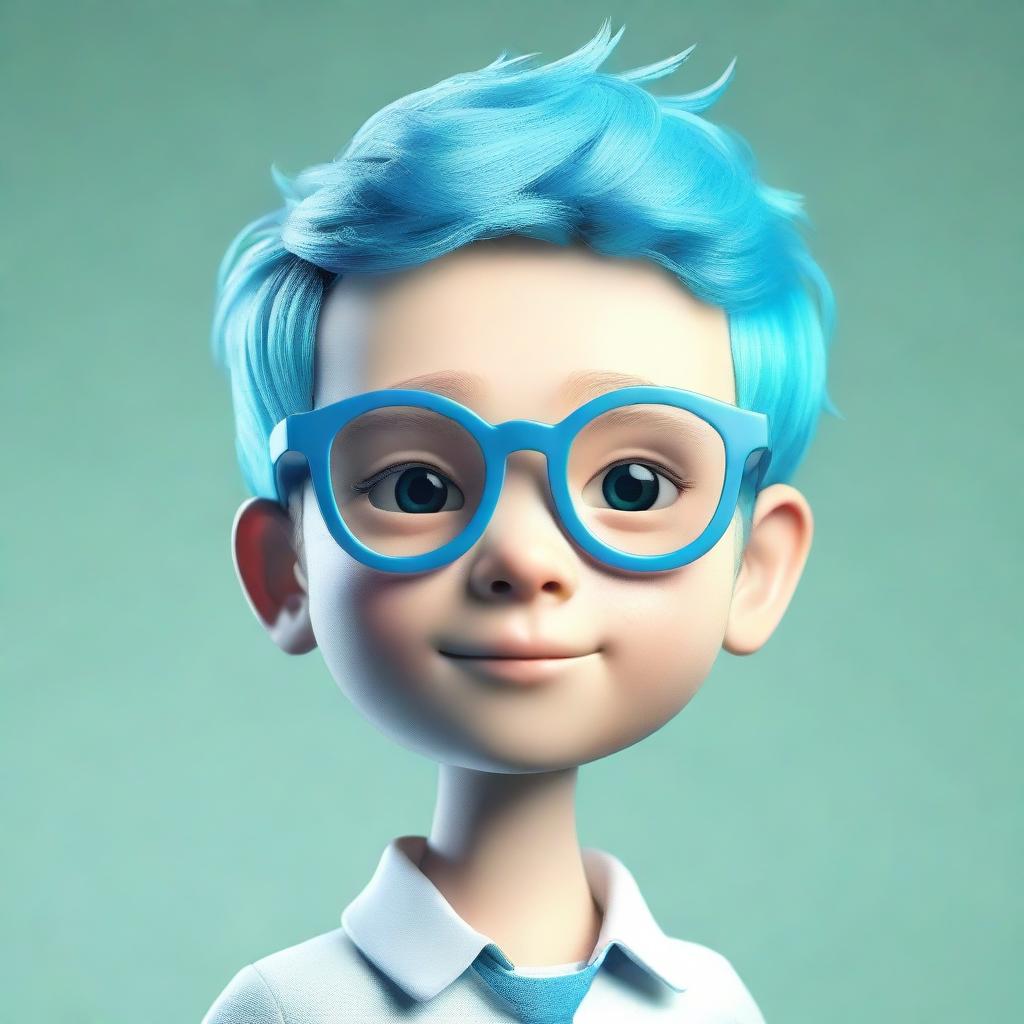 A 3D model of a young boy with impactful aquamarine hair and stylish glasses, set against a compatible background.