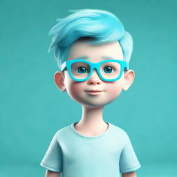 A 3D model of a young boy with impactful aquamarine hair and stylish glasses, set against a compatible background.