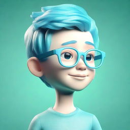 A 3D model of a young boy with impactful aquamarine hair and stylish glasses, set against a compatible background.