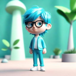 A 3D model of a boy with brilliant aquamarine hair, wearing stylish glasses, positioned against an environment complementing his vibrant hair.