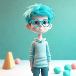 A 3D model of a boy with brilliant aquamarine hair, wearing stylish glasses, positioned against an environment complementing his vibrant hair.