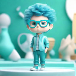 A 3D model of a boy with brilliant aquamarine hair, wearing stylish glasses, positioned against an environment complementing his vibrant hair.