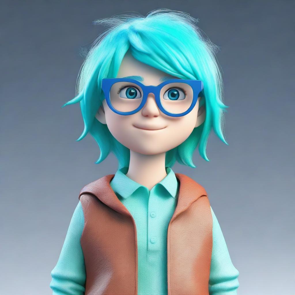 A 3D model of a boy with brilliant aquamarine hair, wearing stylish glasses, positioned against an environment complementing his vibrant hair.