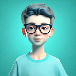 A 3D depiction of a boy with glasses, standing against an aquamarine background that complements his vibrant features.