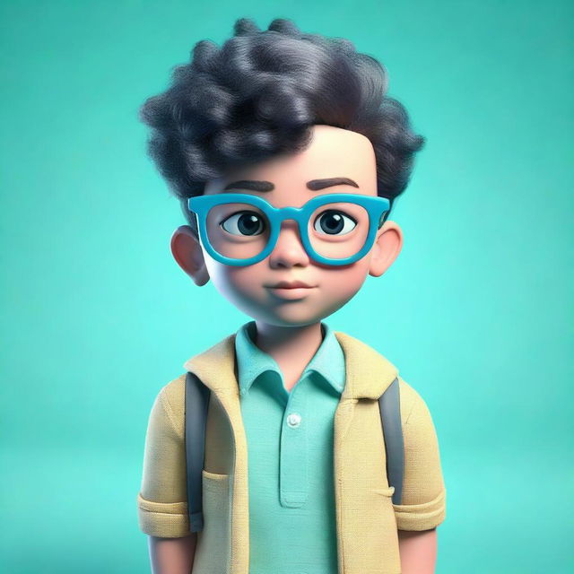 A 3D depiction of a boy with glasses, standing against an aquamarine background that complements his vibrant features.