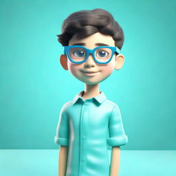 A 3D depiction of a boy with glasses, standing against an aquamarine background that complements his vibrant features.