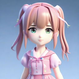 A 3D model of a cute, friendly anime girl. She has bright eyes, soft hair with decorative hairpins, and is wearing a beautiful, colorful outfit.