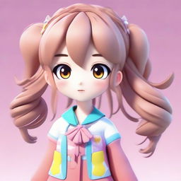 A 3D model of a cute, friendly anime girl. She has bright eyes, soft hair with decorative hairpins, and is wearing a beautiful, colorful outfit.