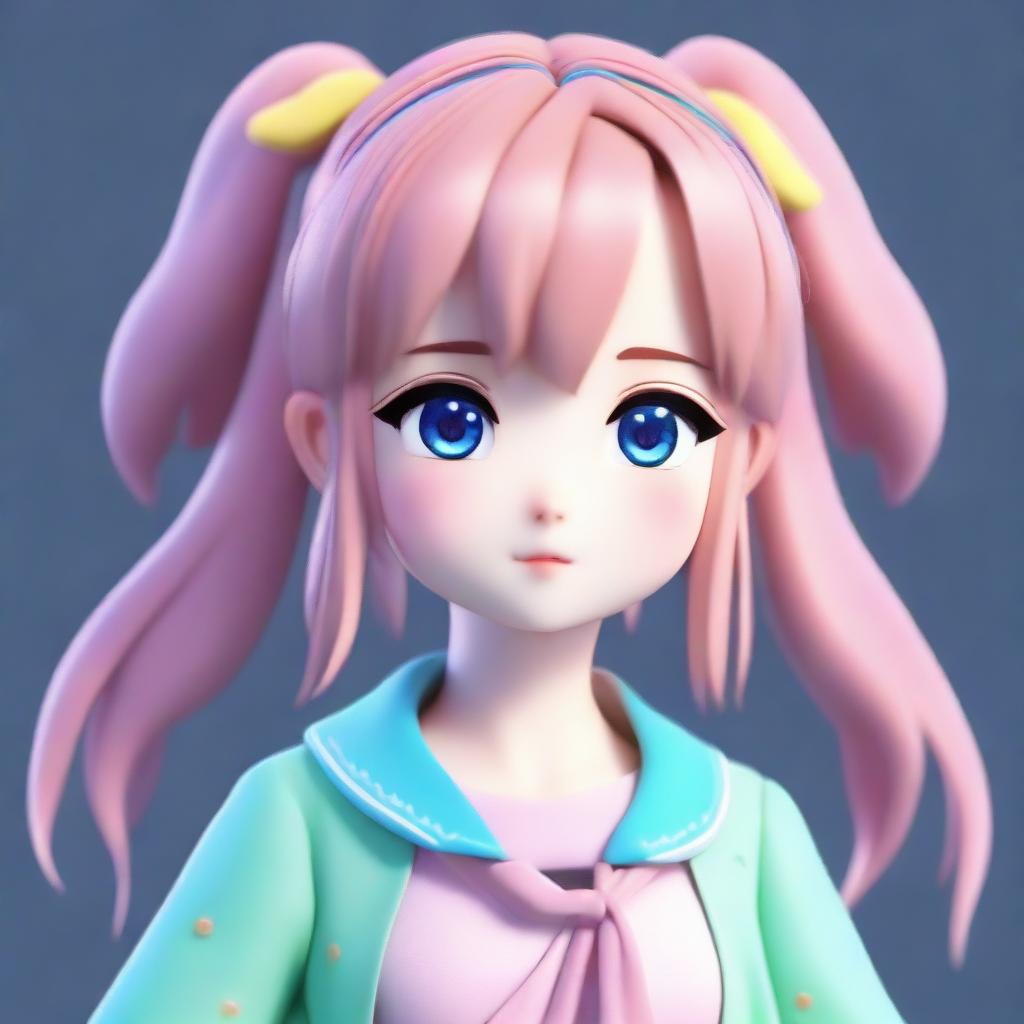 A 3D model of a cute, friendly anime girl. She has bright eyes, soft hair with decorative hairpins, and is wearing a beautiful, colorful outfit.