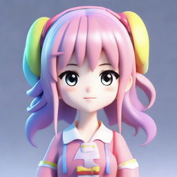 A 3D model of a cute, friendly anime girl. She has bright eyes, soft hair with decorative hairpins, and is wearing a beautiful, colorful outfit.