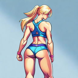 A digital art illustration featuring a blonde character with a strong, athletic build