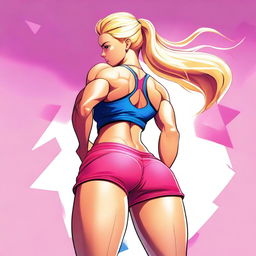 A digital art illustration featuring a blonde character with a strong, athletic build