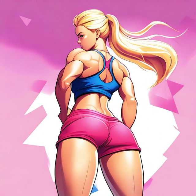 A digital art illustration featuring a blonde character with a strong, athletic build