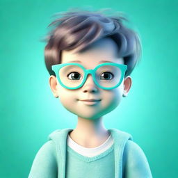 A 3D representation of a cute boy wearing glasses, set against a vivid aquamarine background, adding an enchanting cool-toned ambiance.