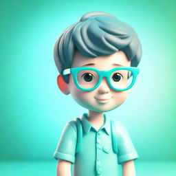 A 3D representation of a cute boy wearing glasses, set against a vivid aquamarine background, adding an enchanting cool-toned ambiance.