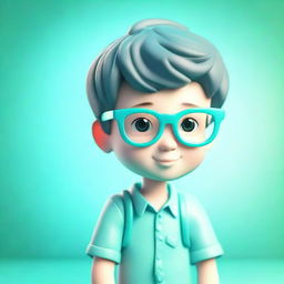 A 3D representation of a cute boy wearing glasses, set against a vivid aquamarine background, adding an enchanting cool-toned ambiance.