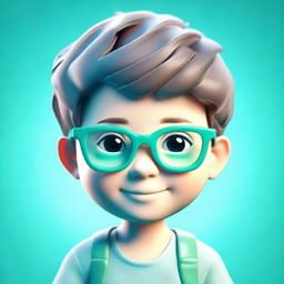 A 3D representation of a cute boy wearing glasses, set against a vivid aquamarine background, adding an enchanting cool-toned ambiance.